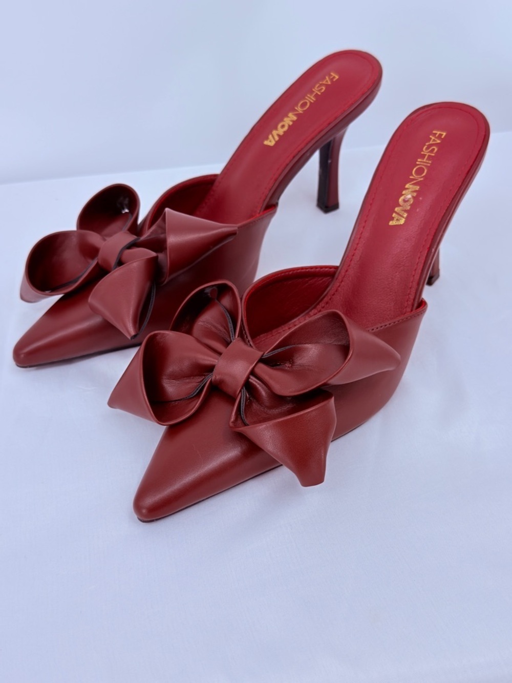 Fashion Nova Red Bow Heels Size 7.5 Pointed Toe Mule Stiletto Slip On